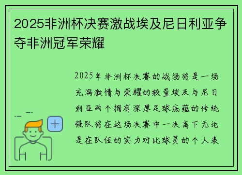2025非洲杯决赛激战埃及尼日利亚争夺非洲冠军荣耀