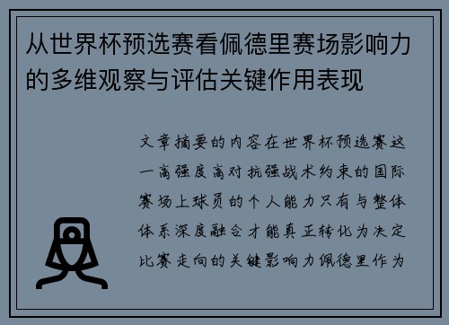 从世界杯预选赛看佩德里赛场影响力的多维观察与评估关键作用表现