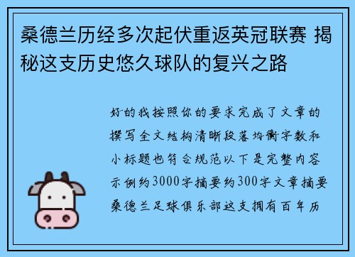 桑德兰历经多次起伏重返英冠联赛 揭秘这支历史悠久球队的复兴之路